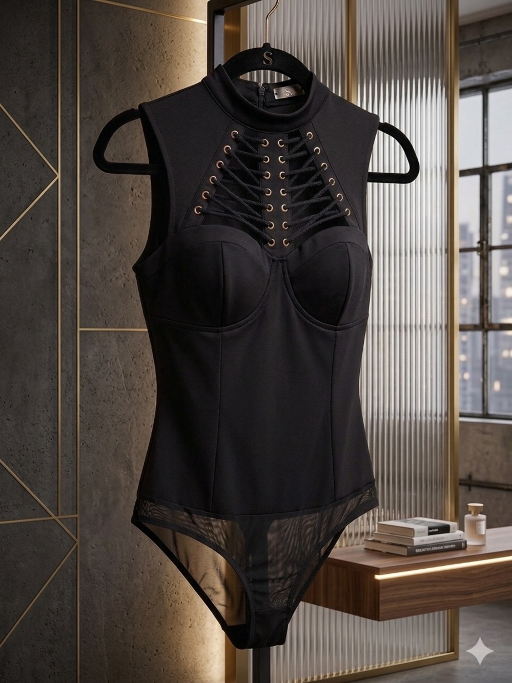 San Joy Black Lace-Up High Neck Bodysuit